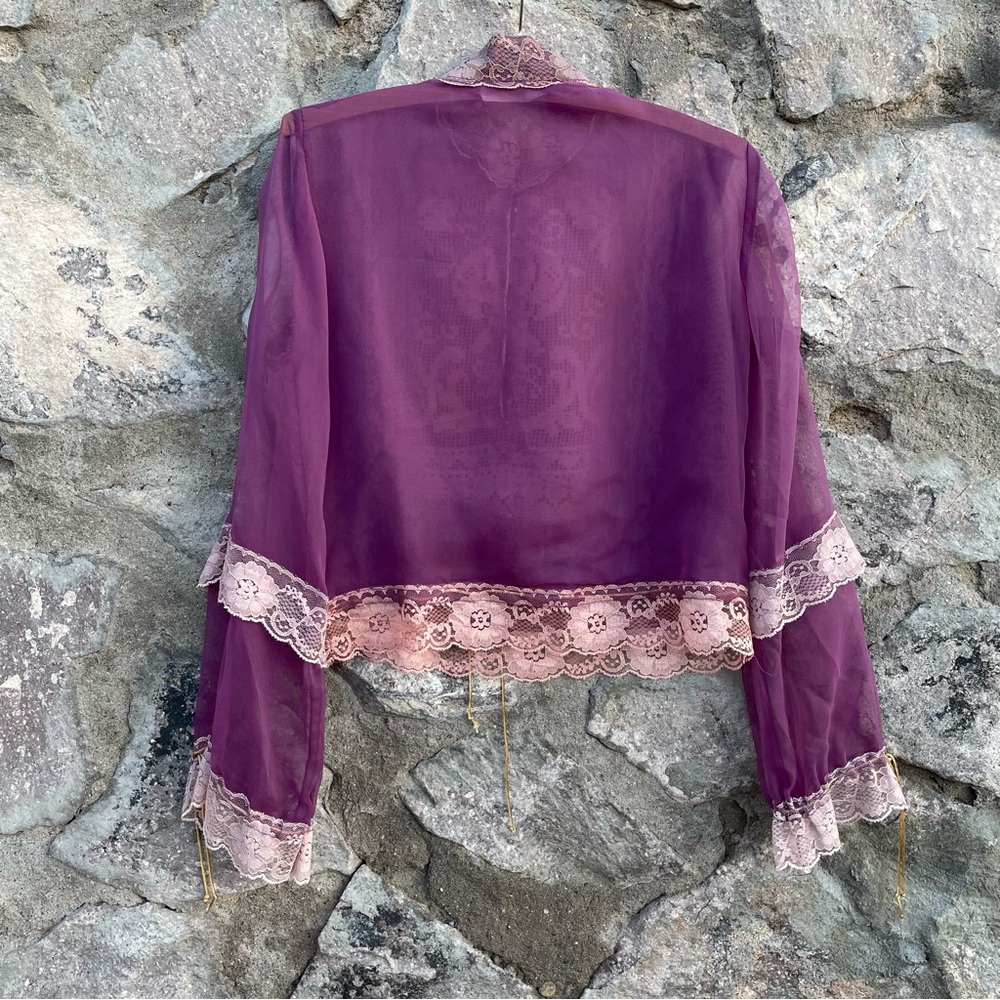 Lorrie Kabala | Vintage Elegant Pink Purple Sheer Lace Long-Sleeve Tunic Blouse - Picture 3 of 13
